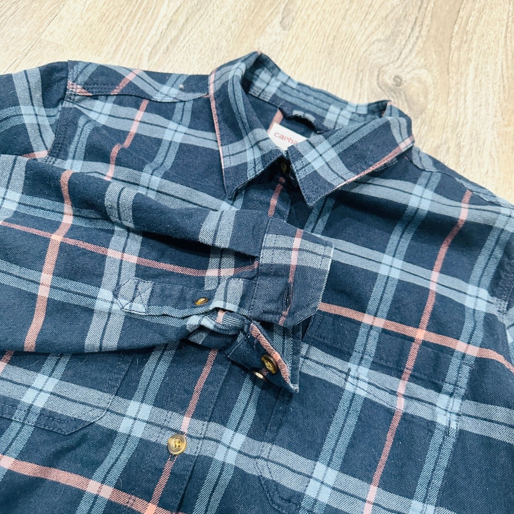Carhartt Flannel Mens XL 16/18 Plaid Flannel Button Down Shirt Navy Blue Shirt